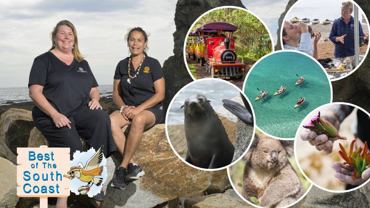 Southbound Escapes' Sally Bouckley and Walbunja knowledge holder Sharon Mason will guide you through breathtaking sites and cultural stories in Narooma and, insets, some of the other activities on offer. Pictures by Keegan Carroll, supplied