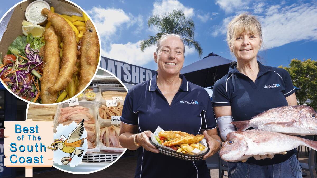 Owner Tracy Innes and her sister-in-law Wendy Innes show off their freshest fish, chips and salad and, insets, some of the other offerings on the South Coast. Pictures by Keegan Carroll, supplied