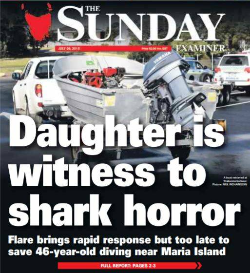 The front page of The Examiner a day after Mr Johnson was attacked by a shark near Triabunna.