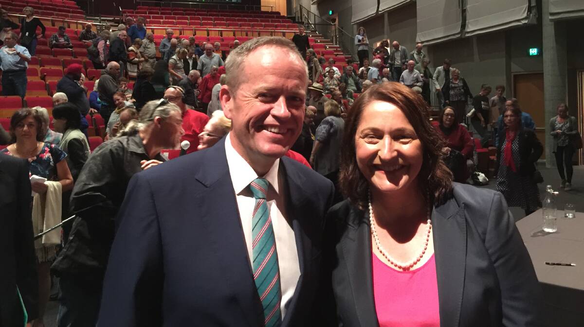 LISTEN UP: Opposition Leader Bill Shorten and ALP Gilmore candidate Fiona Phillips at the the town hall meeting at the Shoalhaven Entertainment Centre in Nowra.