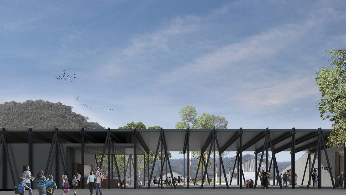 GRAND ENTRANCE: The arrival hall at the end of the bridge structure will lead into the partially buried gallery. Image: Kerstin Thompson Architects_Bundanon Trust