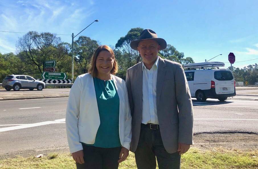 GET IT DONE: Fiona Phillips and Labor Leader Anthony Albanese at the Jervis Bay Road-Princes Highway intersection in April. File photo.