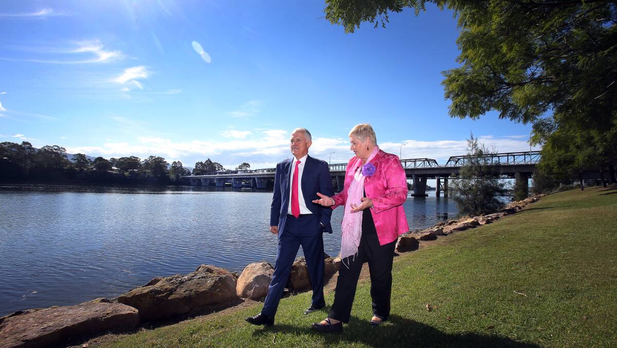 SUPPORT: Prime Minister Malcolm Turnbull with Ann Sudmalis ahead of the Nowra bridge funding announcement on May 3. The PM has enthusiastically endorsed Mrs Sudmalis. Photo: Robert Peet 