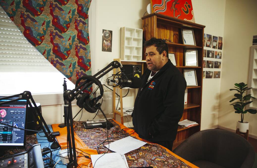 Brendon Adams broadcasts from the Wilcannia community radio station. Picture: Dion Georgopoulos