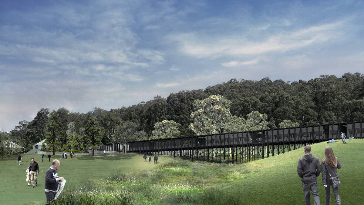 BRIDGE WORK: The planned structure that will greet visitors to Riversdale was inspired by country flood bridges. The bridge will lead to the buried gallery to the left. Image: Kerstin Thompson Architects_Bundanon Trust