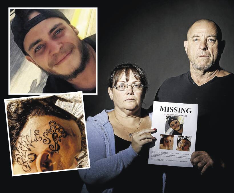 Help us: Jo-Ann and Gary Pearce Sr are desperate to find their missing son, Gary Jr (top left), who hasn't been seen since Tuesday. He has a number of distinguishing tattoos, including one on his skull (bottom left). Picture: Anna Warr