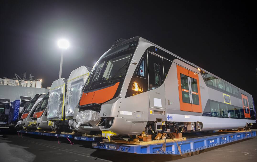Some of the first New Intercity Fleet carriages arriving at Port Kembla earlier this year. They won't be seen on the South Coast line until a year later than planned. Picture: Transport for NSW