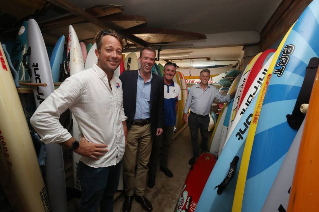 Funds: Gerringong Surf Life-Saving Club president Gary George (second from right) with former president Richard Payne, Federal Tourism Minister Dan Tehan and Gilmore candidate Andrew Constance. Picture: Robert Peet