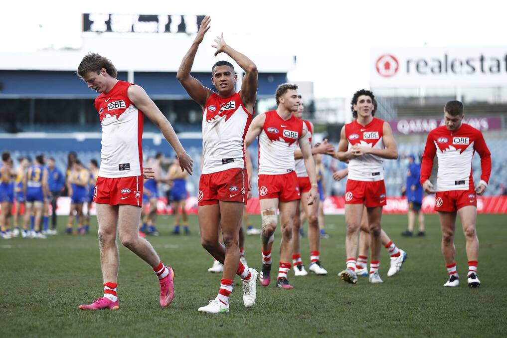 Sydney's James Bell thank fans after a win in Geelong. Photo: Swans Media