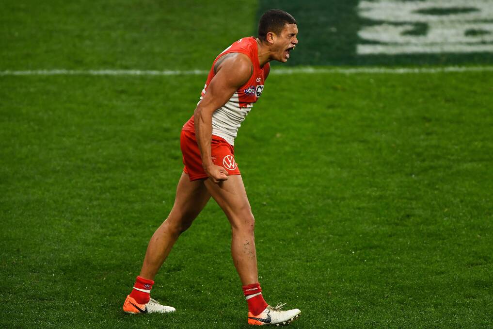 James Bell reacts after kicking a goal for the Swans last Thursday night. Photo: Daniel Carson/AFL Photos