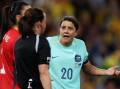 Matildas captain Sam Kerr reactions in frustration after the referee awarded a penalty to Sweden following a VAR review on Saturday night. Picture - Getty Images
