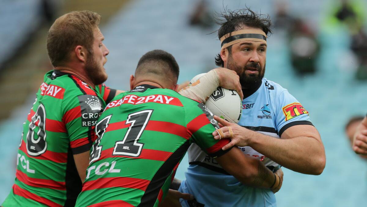 Dragons recruit Aaron Woods makes a run for the Sharks in 2021. Photo: John Veage