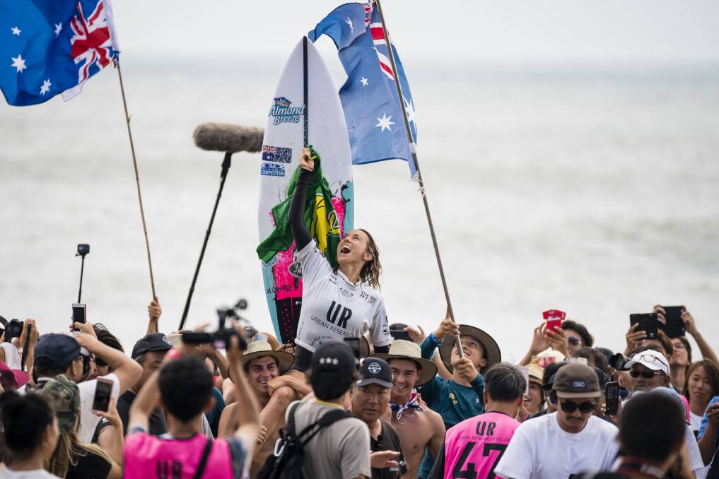 Gerroa's Sally Fitzgibbons celebrates after claiming victory in Japan in 2018. Photos: Martin Fitzgibbons and Under Armour
