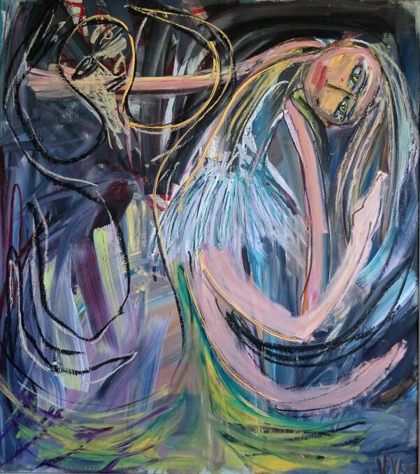 ABSTRACTION: Vicki Varvaressos, Woman with thing in the air, 1993, acrylic and oil on board, 138 x 122 cm.