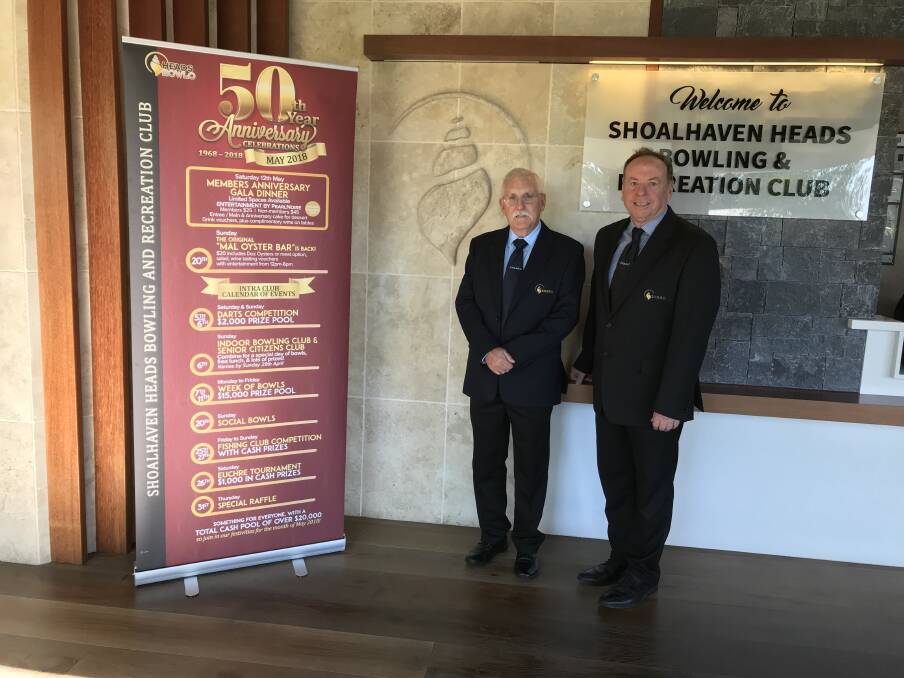 MILESTONE: Shoalhaven Heads Bowling and Recreation Club president Robert Ashby and general manager Michael Bowen look forward to celebrating 50 years.