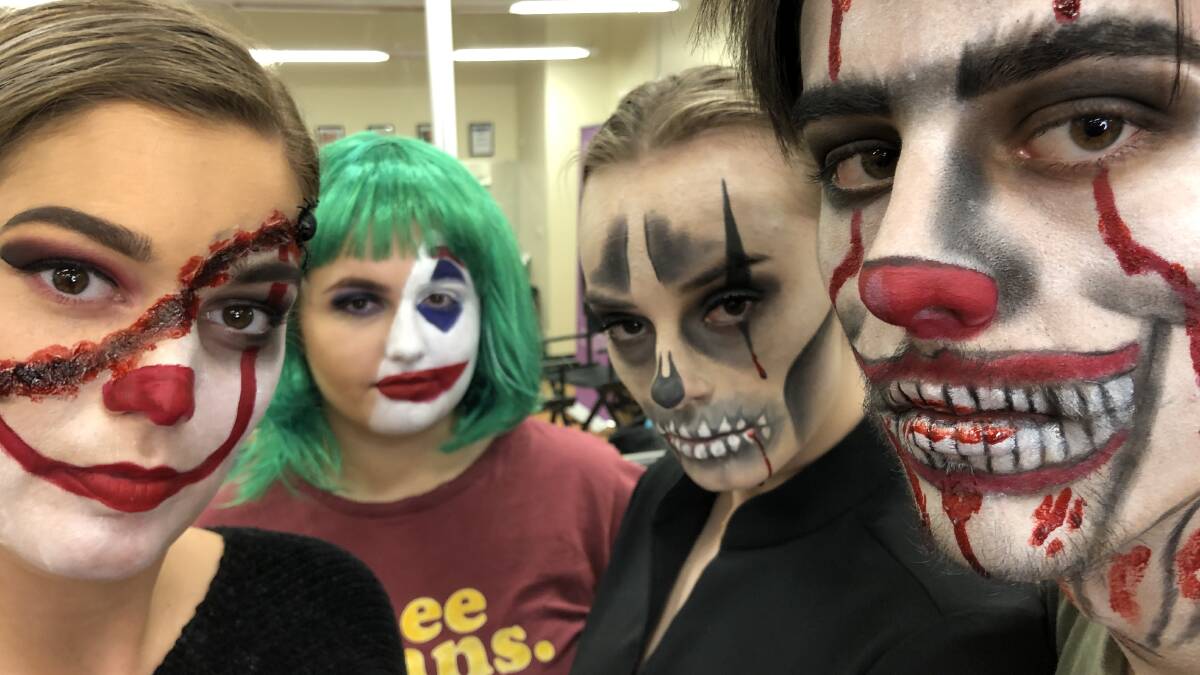 Kyla Hakkenbrock, Olivia Carvalho, Savanna Mackay and Taj Coupe, given the Halloween look by TAFE NSW Makeup students.