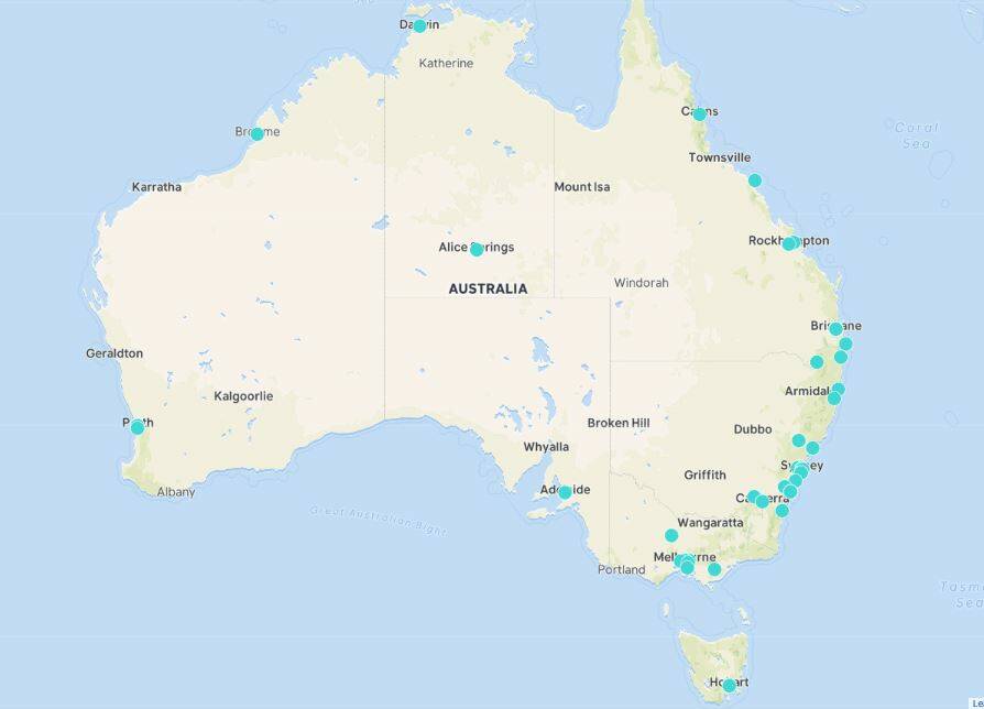 CLIMATE RALLY: The blue dots represent the rallies taking place across the country on September 8. 