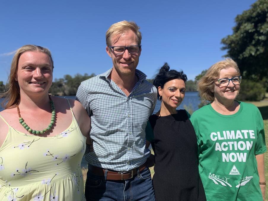 NSW Greens candidate for South Coast Kim Stephenson, NSW Greens MP, water spokesperson and Shoalhaven resident, Justin Field, NSW Green candidate for Kiama Nina Digiglio and Greens candidate for Gilmore Carmel McCallum. 