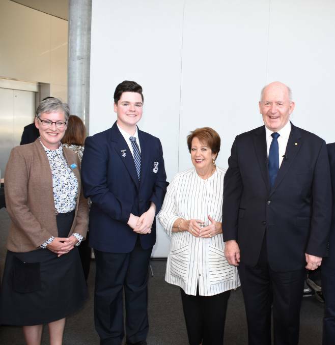 2018 Premier’s Anzac Memorial Scholarship winner Oscar Moysey with Mayor of Shoalhaven City Councillor Amanda Findley, Lady Cosgrove and Australia's Governor General Sir Peter Cosgrove at a recent reception.