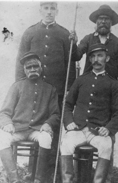BL Hornshaw Photograph Collection's first documented copy of a photograph originally taken at Nowra in 1892. Back row: Arthur Draper, Carpenter Dan. Front row: James Golding (King Billy), John Fowler. 