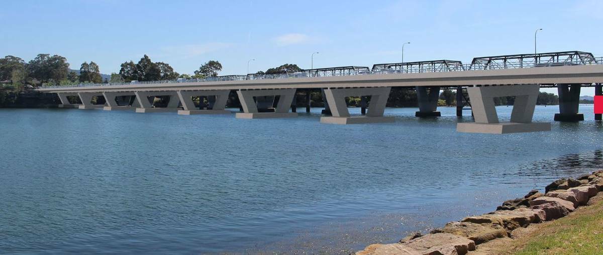  A 3D version of the RMS' concept design for the new Nowra Bridge across the Shoalhaven River and surrounding intersections. This is the new bridge from the west.