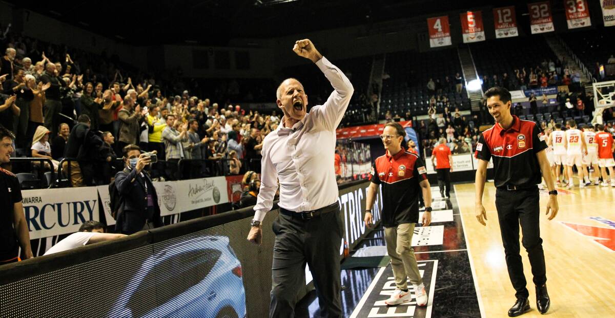 Hawks coach Brian Goorjian celebrates Tuesday's victory over Perth. Photo: Anna Warr