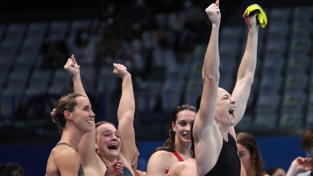 It's time to party: Emma McKeon and the Australian women celebrate their victory in the 4x100m medley relay. Picture: Al Bello/Getty Images