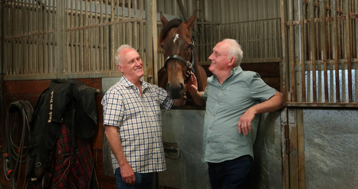 Owners Bruce (left) and Ken Noble with their horse Count De Rupee. The $145,000 yearling will start as favourite in Saturday's The Gong. Photo: Sylvia Liber