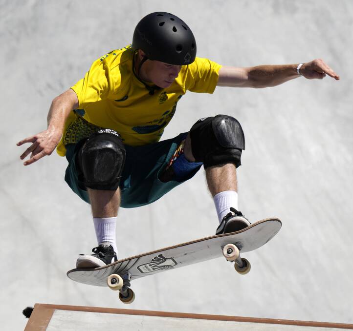 Minnamurra's Kieran Woolley competes in the skateboard park event at the Tokyo Olympics. Photo: Ben Curtis/AP