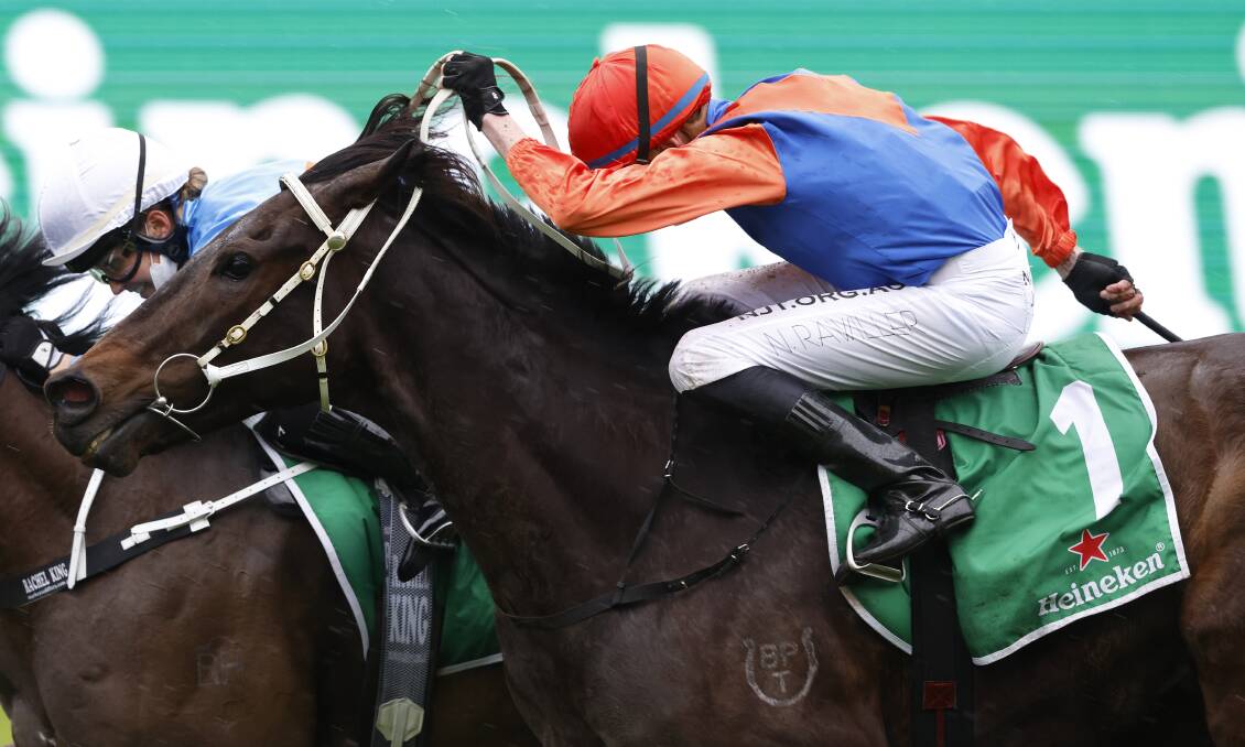 Think It Over wins the Group 2 Chelmsford Stakes at Randwick on Saturday. Photo: Mark Evans