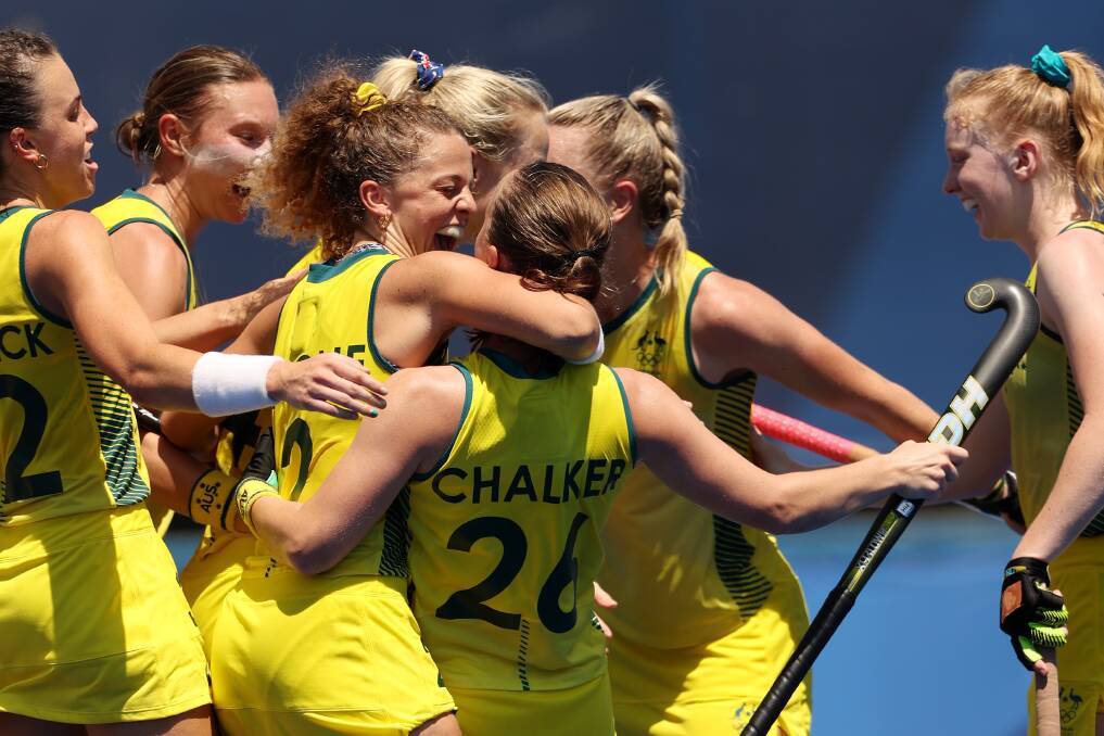 The Hockeyroos celebrate a goal in Sunday's victory over Spain. Photo: Julian Finney
