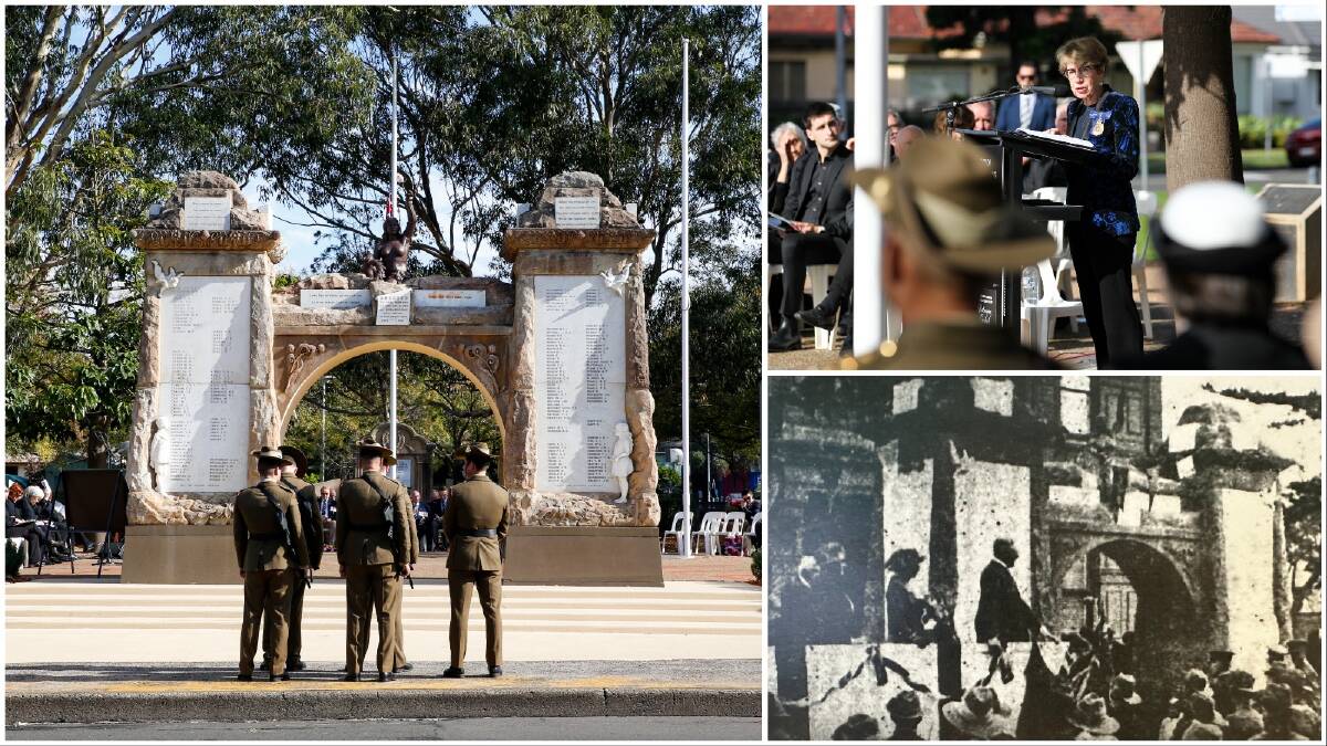 On the cenotaph's centenary, NSW Governor Margaret Beazley unveiled a commemorative plaque for the occasion. Picture by Anna Warr (historical photo from Wollongong RSL Sub-Branch event program).
