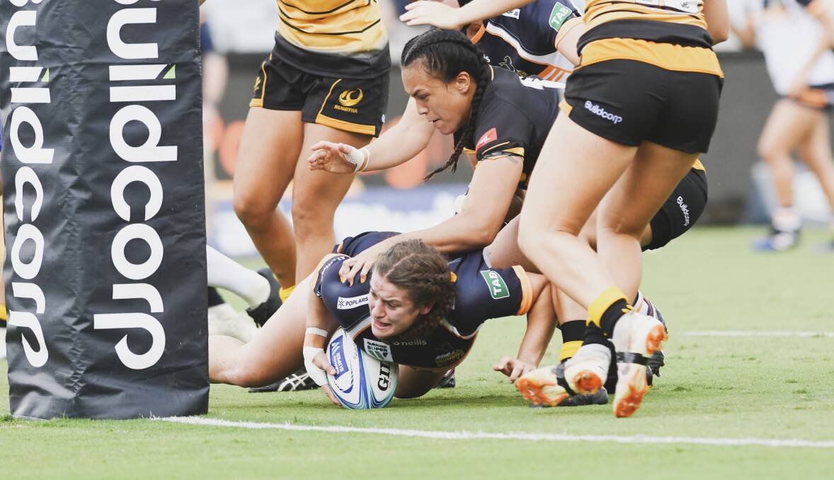 Harriet Elleman getting dragged down playing for the Brumbies this season. Photo: Dion Georgopoulos