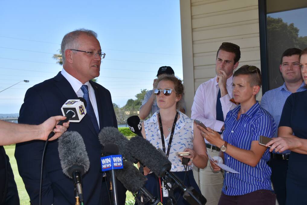 Prime Minister Scott Morrison in North Nowra on Wednesday, announcing Warren Mundine as the Liberal Candidate for Gilmore. Picture: Madeleine Crittenden