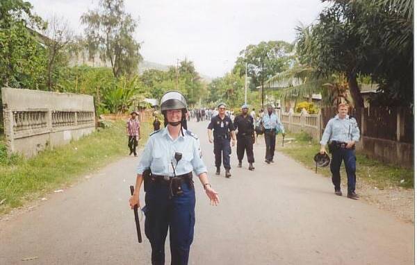 Grant Schultz's wife Beck Cameron on a peace-keeping mission with the AFP in Dili in 2001.