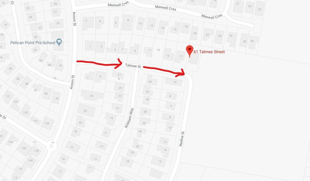 Red marker indicates development site, red arrows indicate the way residents would like to see traffic directed along Tahnee Street, Sanctuary Point if the preschool is built. It is presently a two-way street.