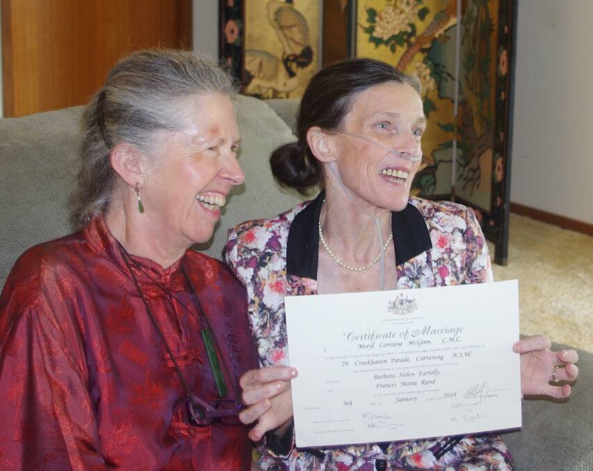 Frances Rand and Barbara Farrelly ecstatic on their wedding day at their Currarong home on Tuesday. Picture: Contributed