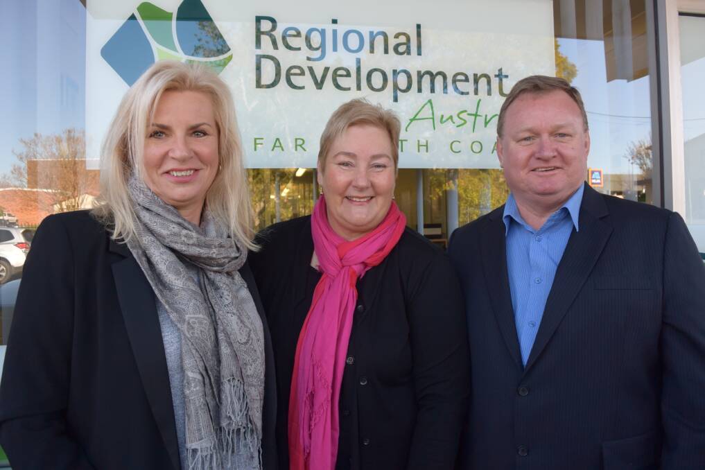 Fiona Hatcher local CEO, Regional Development Australia, Gilmore MP Ann Sudmalis and John Lamont from RDA in Nowra on Tuesday. Picture: Rebecca Fist