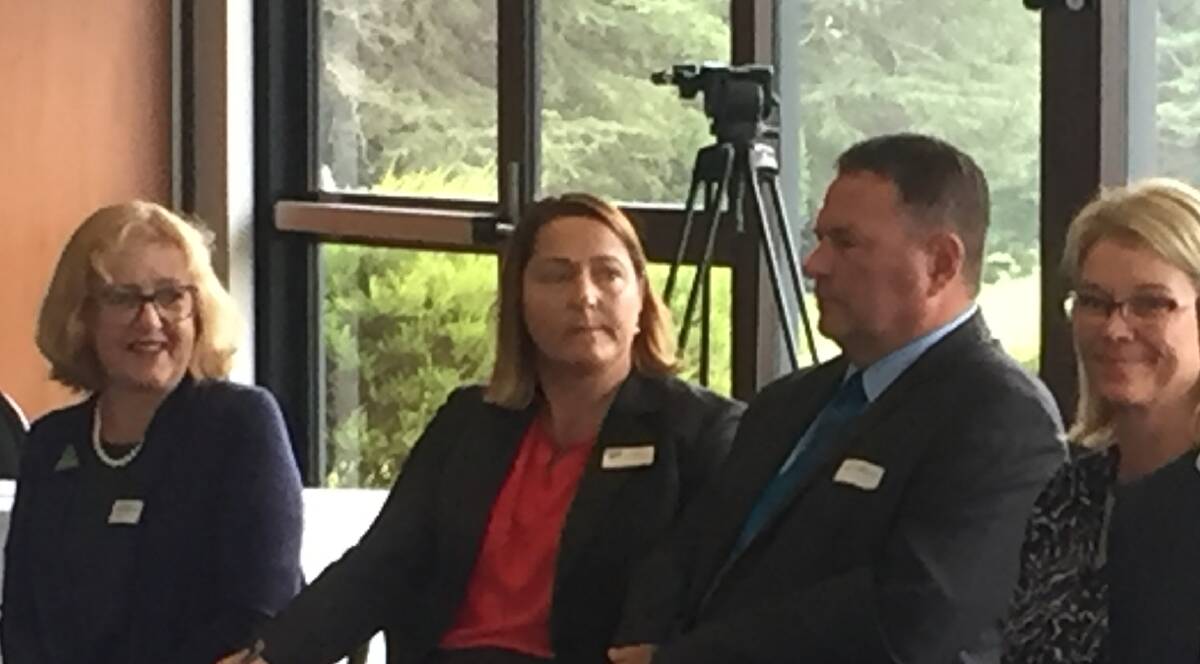 Carmel McCallum (left) and Katrina Hodgkinson (right) at the candidate's forum run by the Shoalhaven Business Chamber in Nowra on Tuesday.