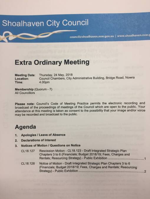 An extra ordinary meeting will be held this afternoon at council chambers due to a rescission motion.