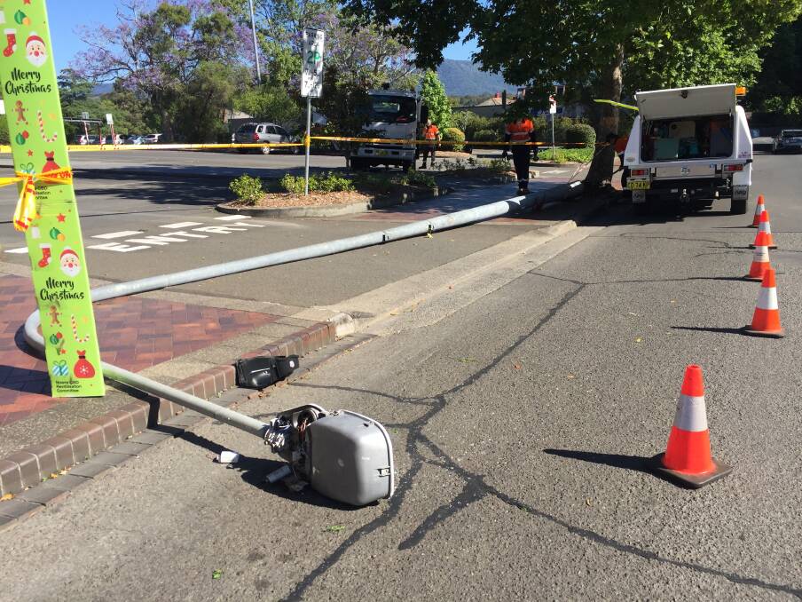 Fortunately no one was injured when this street lamp fell on the footpath at Berry Street, Nowra on Friday morning.