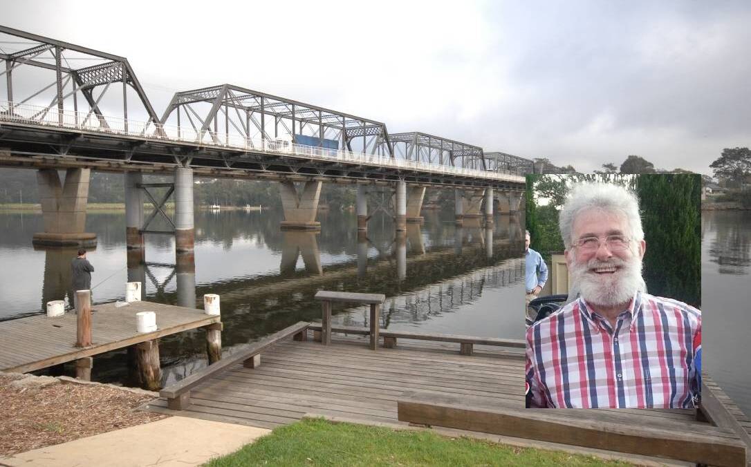 The old Nowra bridge and (inset) Dennis Johnston