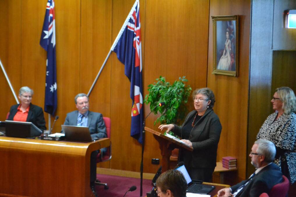Cathy Law (on the stand) and Perrie Croshaw at Shoalhaven City Council's ordinary meeting on September 25. Picture: Rebecca Fist