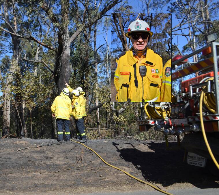 HEROES: West Nowra RFS deputy captain Terry Burke (inset), Paul Connell, Glen Griffiths and James Waddell return to the fire ground on Thursday. Pictures: Rebecca Fist