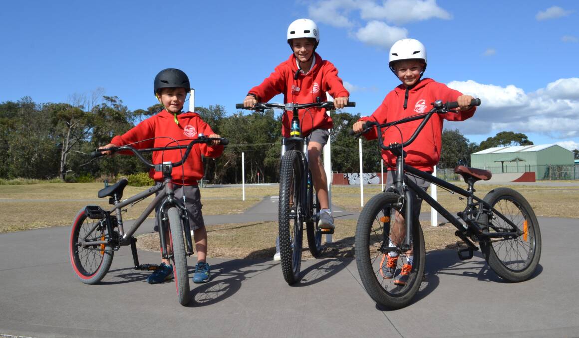 KEEN FOR A TRACK: Local residents Leo, Tom and Will Fletcher at Jerry Bailey Oval at Shoalhaven Heads on Thursday. Picture: Rebecca Fist