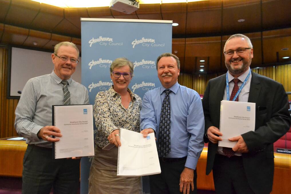 Shoalhaven Council directors Phillip Costello (left) and Stephen Dunshea (right) with Mayor Amanda Findley and General Manager Russ Pigg. Picture: Rebecca Fist