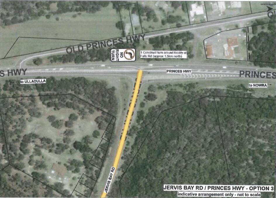 Option 3: Right hand turn from Princes Hwy to Jervis Bay blocked, traffic moves 1.5km north where there will be a turning facility built.