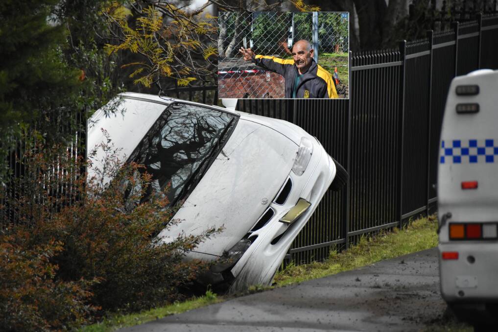 CRASH SCENE: On Wednesday, an elderly man crashed his car into the Nowra TAFE fence in Bomaderry by the Princes Highway. Local man Sonny Timbery (inset) rescued him from the car. Pictures: Robert Crawford, Rebecca Fist