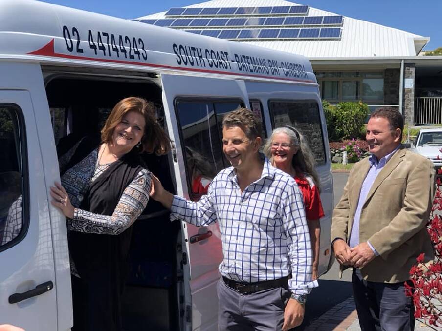 Last man standing in the Liberal Party's Gilmore preselection race Grant Schultz (right), with South Coast MP Shelley Hancock, bus driver Sue Rixon and Transport Minister Andrew Constance at Ulladulla on Tuesday. Picture: Shelley Hancock MP