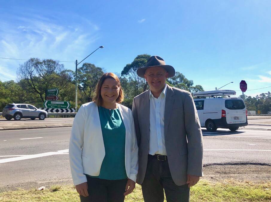 Labor Candidate for Gilmore Fiona Phillips  and Shadow Minister for Infrastructure, Transport and Regional Development Anthony Albanese at the Jervis Bay Road and Princes Highway intersection on Monday.